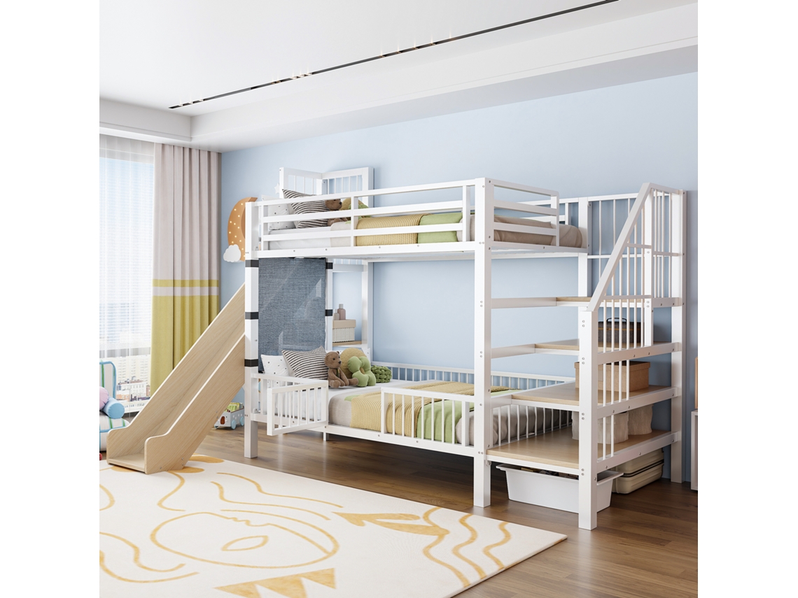 Litera Infantil De Metal Con Escalera Corredera Y Espacio De Almacenaje, 90*200cm, Estructura Con Puerta De Seguridad, Estantes Integrados.