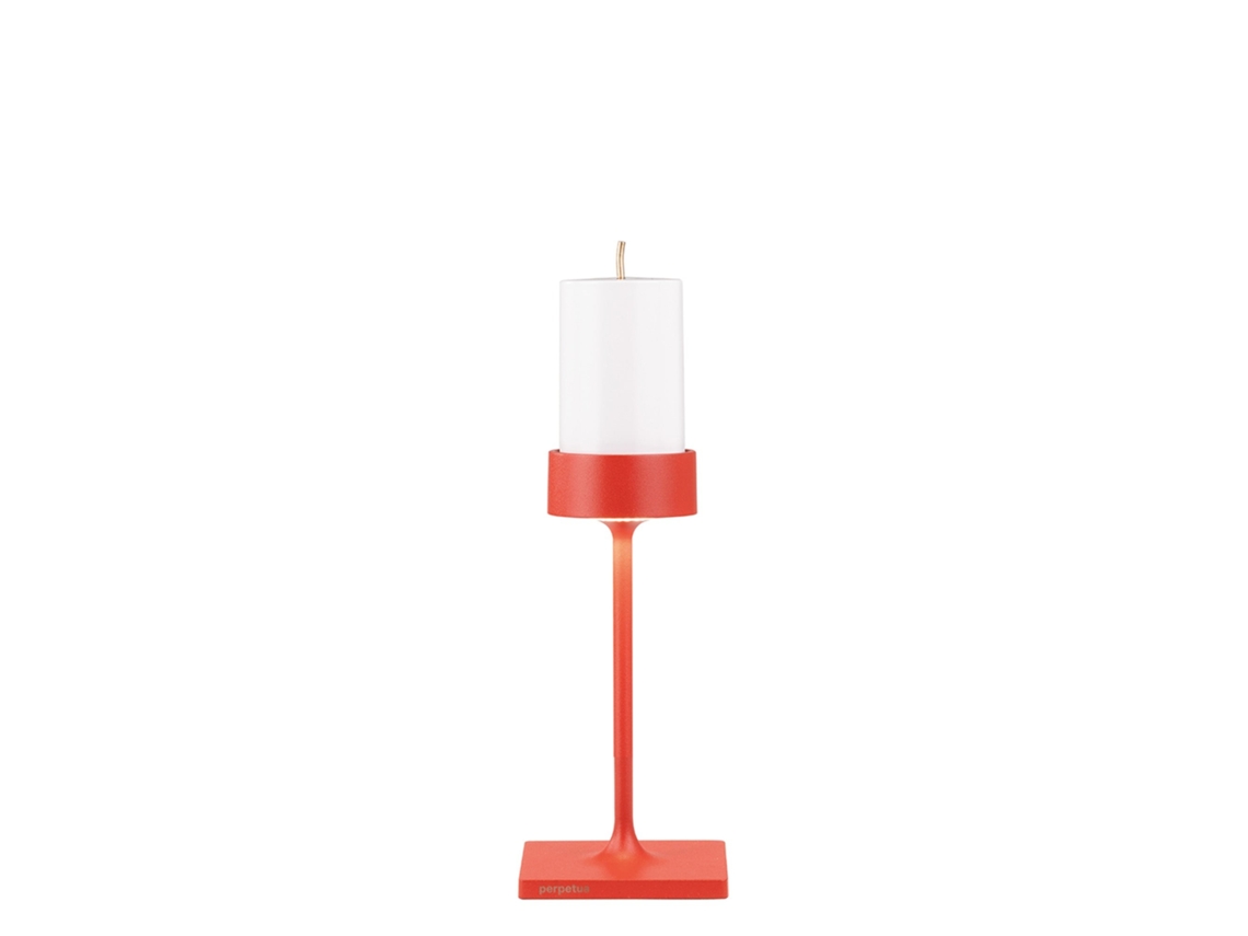 Mini lámpara de mesa LED inalámbrica Perpetua, diseño compacto en aluminio rojo, sistema de batería magnética reemplazable, clasificación IP54.