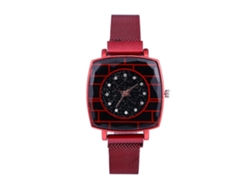 Reloj De Pulsera De Cuarzo Informal Para Mujer Con Correa De Malla Y Esfera Cuadrada Roja.