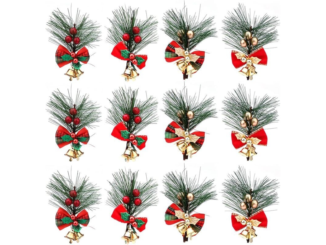 Ramo Artificial De Pino Navideño Con 12 Piezas, Bayas Rojas/doradas, Cintas Y Campanillas Para Decoración.
