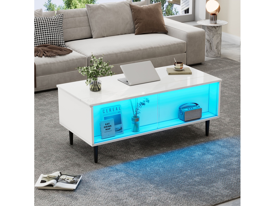 105 x 50 x 43 cm. Altura ajustable con luz LED, espacio de almacenamiento y área de exhibición.