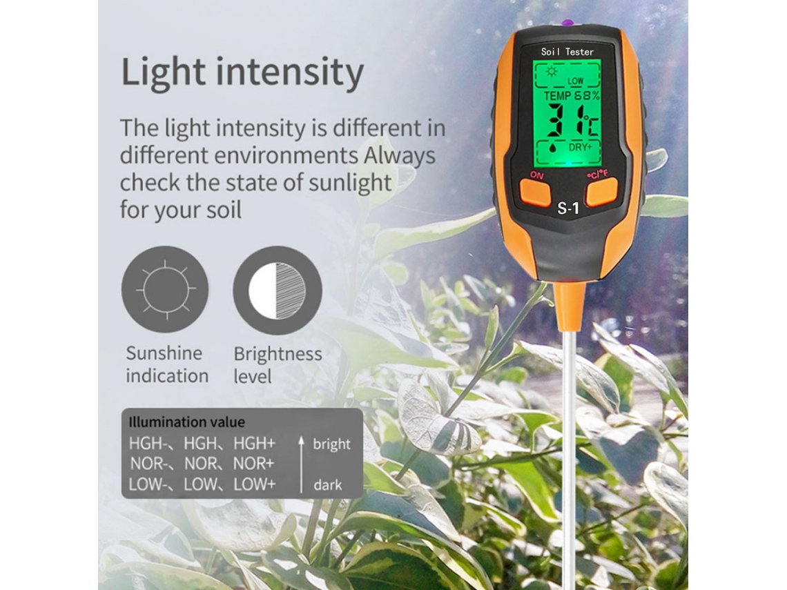 Medidor De Suelo 4 En 1: Humedad, Ph, Temperatura Y Luz Solar Para Jardines.