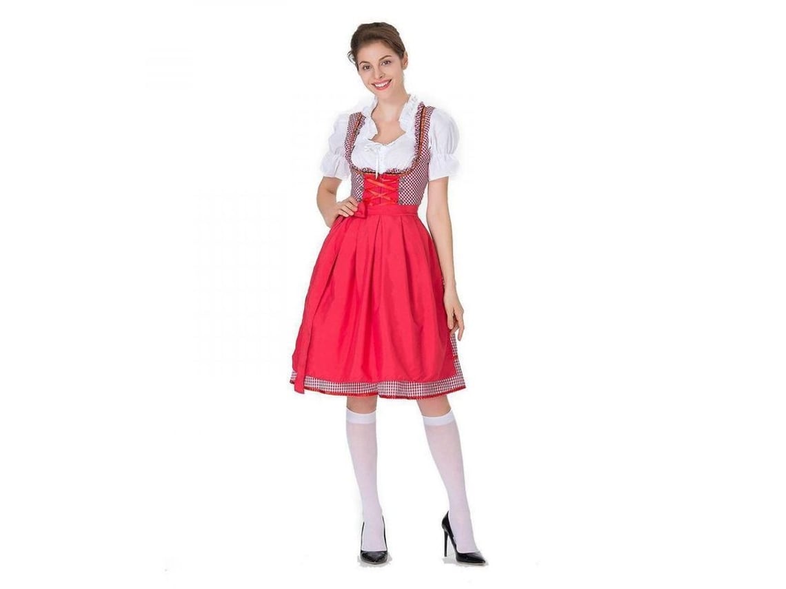 Vestido Dirndl alemão clássico 2026 para Oktoberfest, Carnaval, com detalhes em renda e babados, tamanho XL, vermelho.
