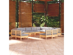 Conjunto de salón de jardín de 12 piezas con cojines grises en pino macizo DKD Home Decor