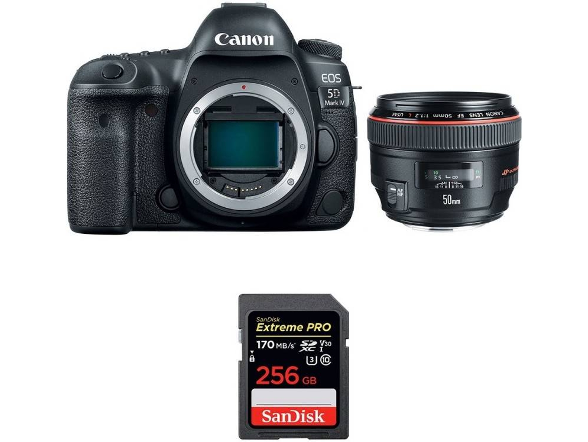 Kit Cámara Reflex CANON EOS 5D Mark IV + EF 50mm f/1.2L USM + SanDisk 256 GB (Full-Frame)