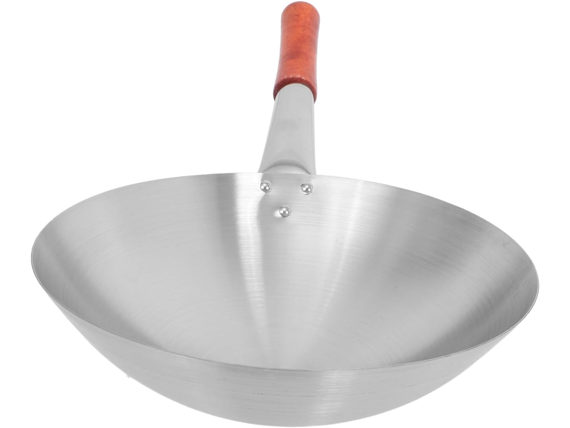 Sartén de acero inoxidable con mango de madera resistente, apta para cocinas de gas y con rápida conducción del calor. Gokoco