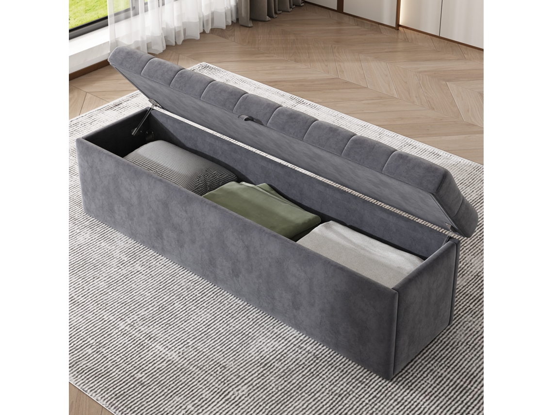 Banco Tapizado En Terciopelo Con Asiento Acolchado, Gris, 138x41x42cm