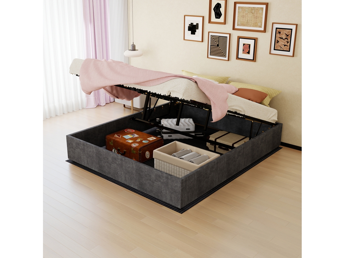 Cama Moderna De 160x200 Cm, Estilo Sencillo, Terciopelo Gris, Sistema De Elevación A Gas, Estructura Sin Cabecero Ni Colchón.
