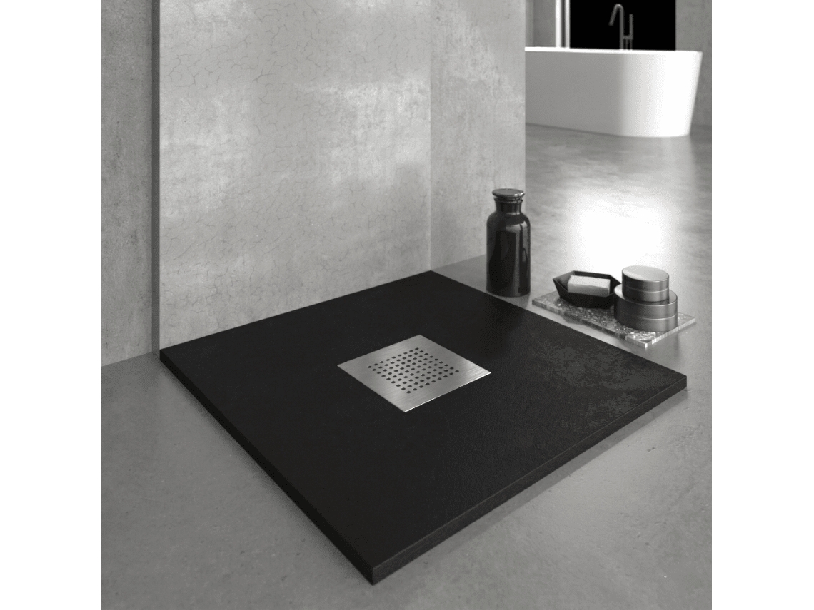 Base de ducha de resina negra SLATE de 70x90 cm con rejilla de acero RC.