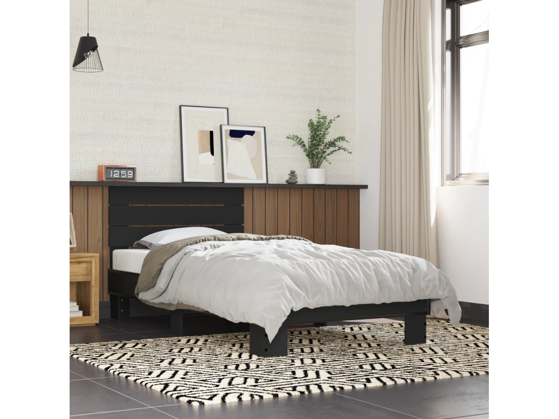 Estructura De Cama Madera De Ingeniería Y Metal Negra 75x190 Cm