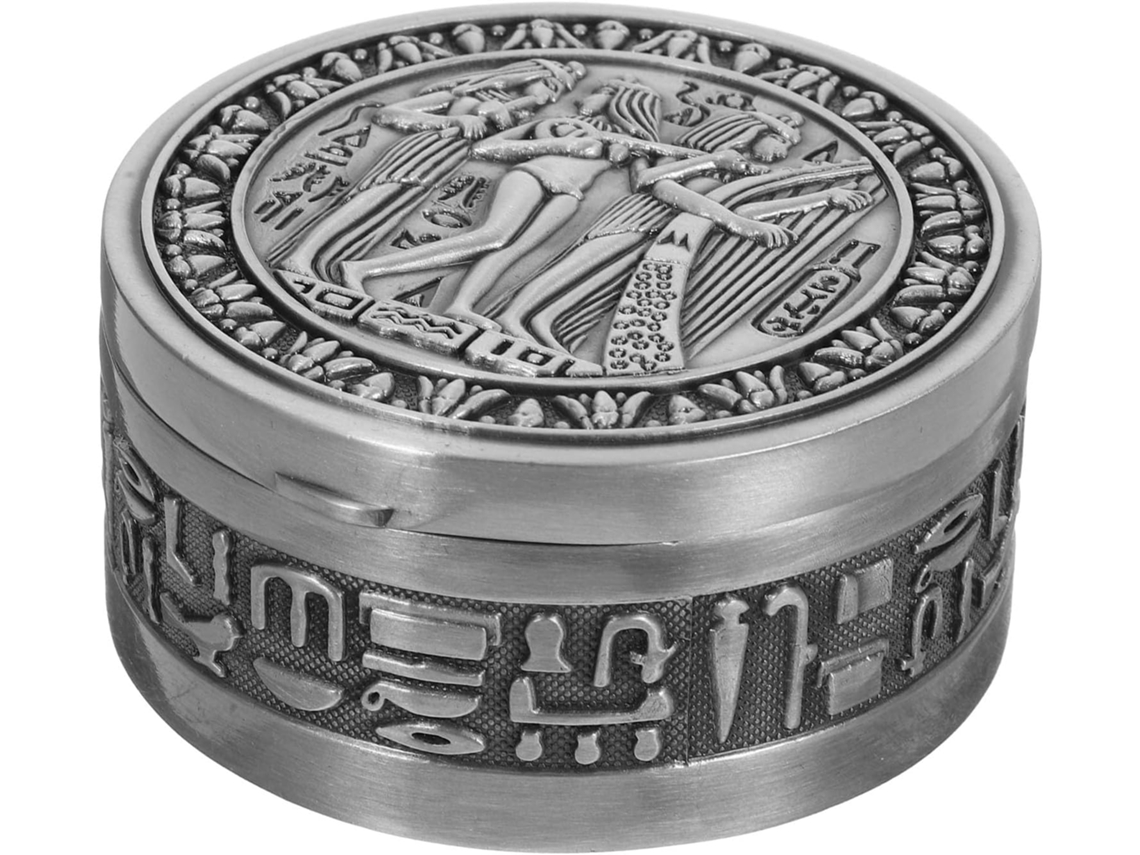 Caja de joyería vintage de aluminio con diseño antiguo para anillos y collares.