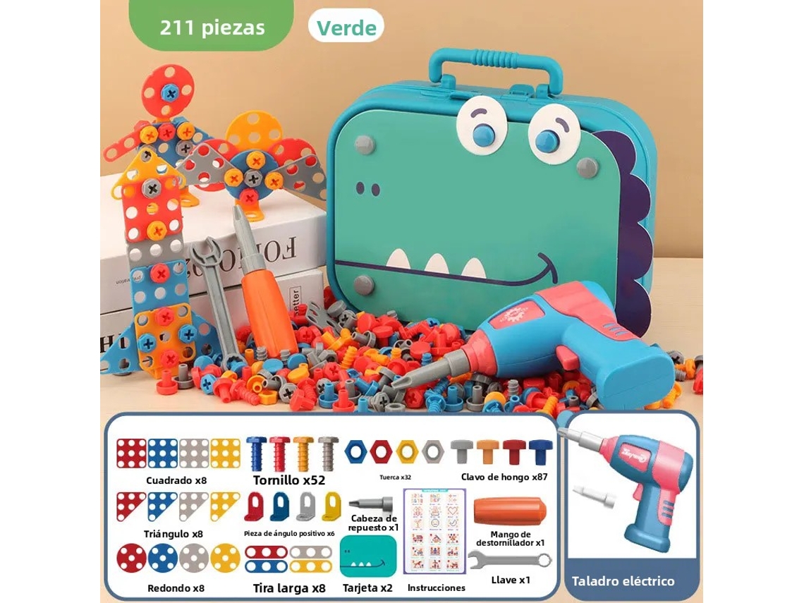 Juego de herramientas para niños con brocas eléctricas, tornillos, tuercas y piezas de rompecabezas (verde, 211 piezas)