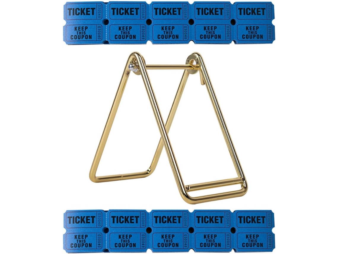 Rollo de 1000 boletos azules para rifa con soporte dorado, boletos de premio en blanco.