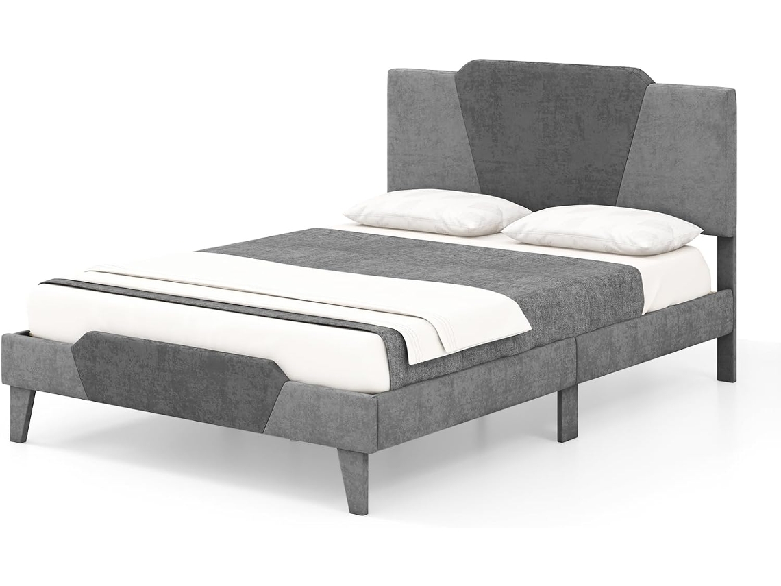 Cama Tapizada 140x200cm, Camas Matrimoniales Terciopelo con Cabecero, Estructura Cama para Soporte de Colchón, sin Necesidad COSTWAY