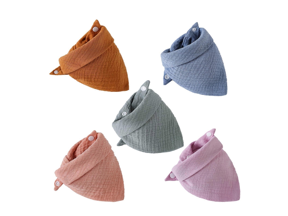 Juego de 5 baberos triangulares de algodón suave, color liso, con cierre a presión, toalla para la alimentación del bebé, babero, compresa, pañuelo y paño para eructar.
