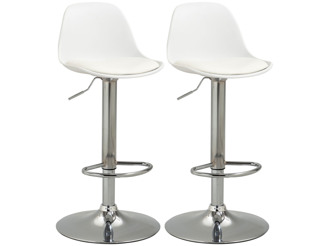 Juego de 2 taburetes de bar ajustables de PU con respaldo, reposapiés y asiento acolchado, estructura de acero, giro de 360°, para península, color blanco.