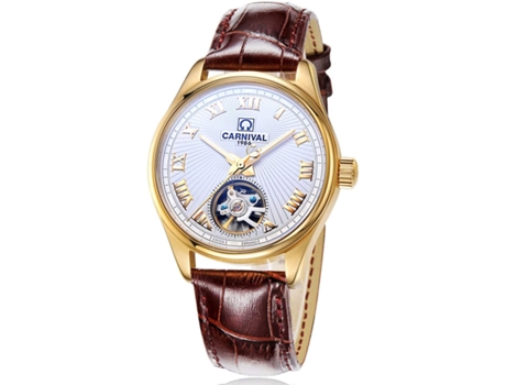 VEANXIN Reloj de pulsera automático para hombre Tourbillon esqueleto de acero inoxidable resistente al agua-blanco marrón