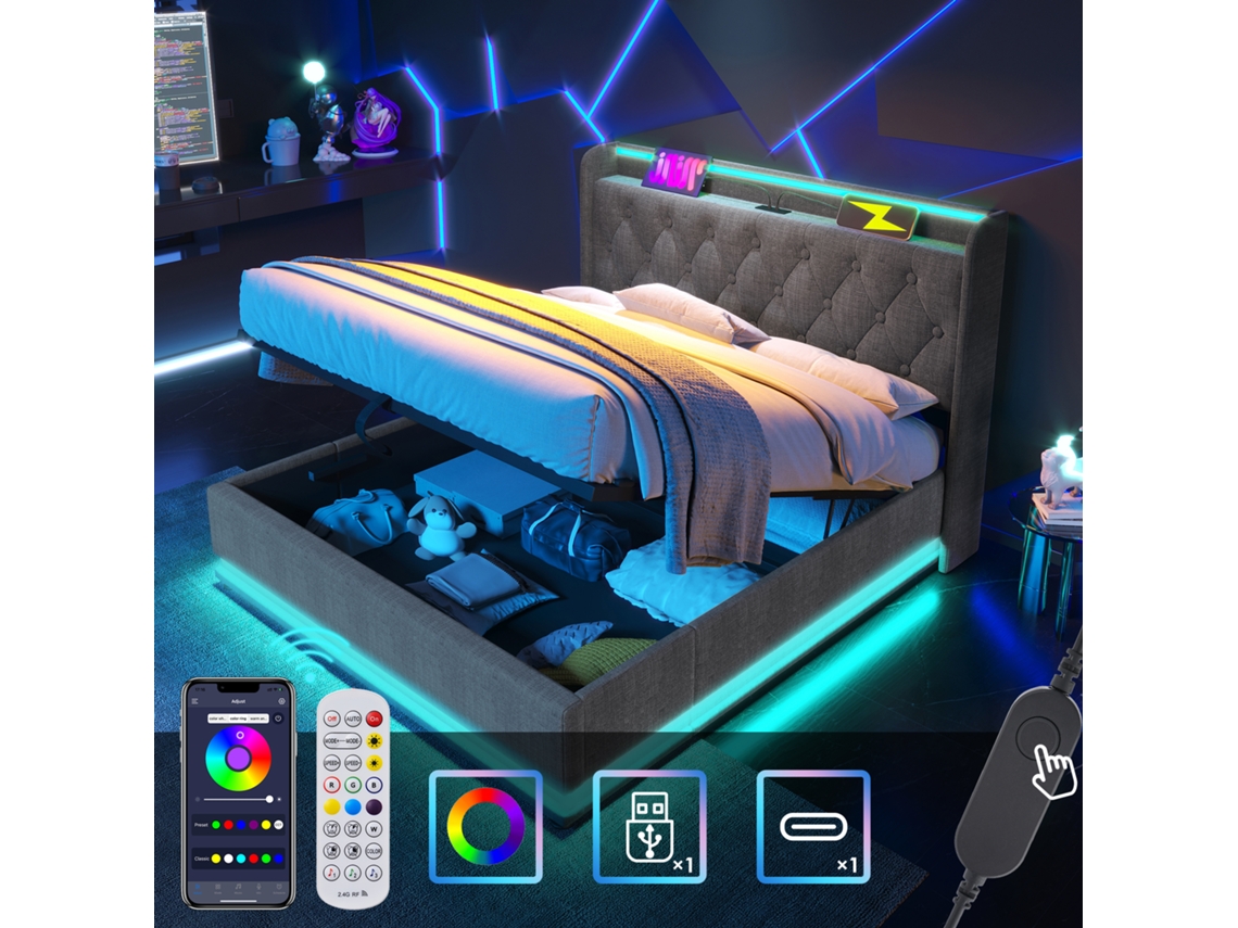 Cama 180x200 Cm Gris, Almacenamiento, Led Control Remoto, Hidráulica, Cabecero Con Usb-c, Sin Colchón.