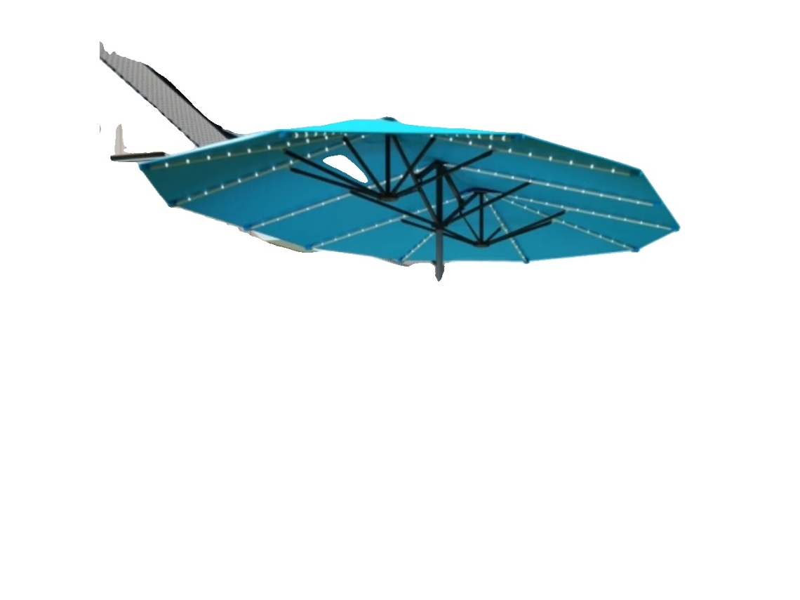 Paraguas doble, poliéster de 200 g/m², 451 x 267 cm, UPF 50+, sistema de elevación con manivela, aberturas de ventilación.