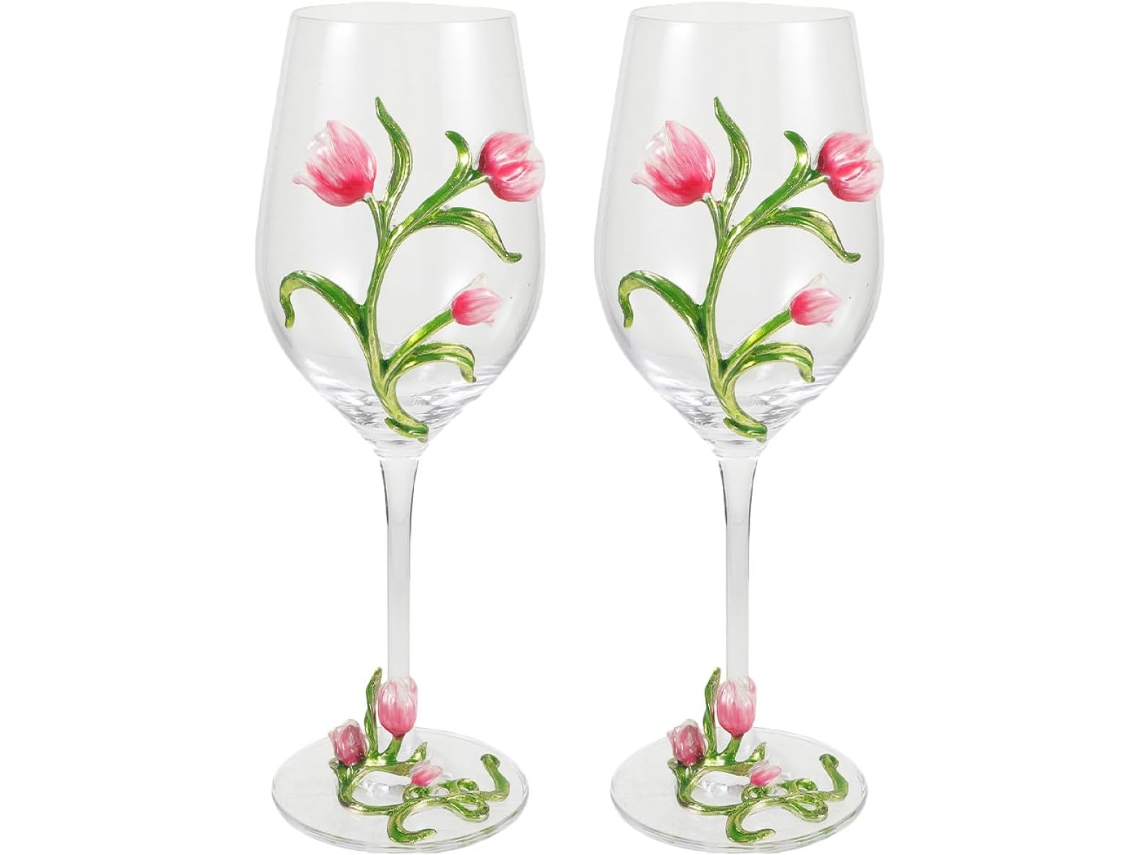 Juego de 2 copas de vino con diseño de tulipanes y base estable.