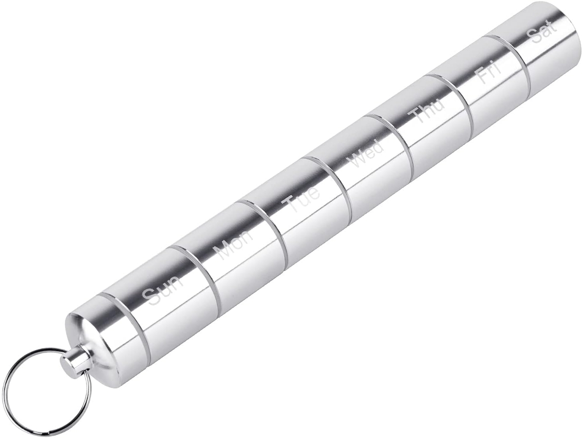 Pastillero semanal para medicamentos con llavero ideal, metal plateado (25x7x3 cm) Kofihety