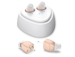 Audífonos recargables para adultos mayores, con cancelación de ruido, amplificador intraauricular y estuche magnético (blanco).