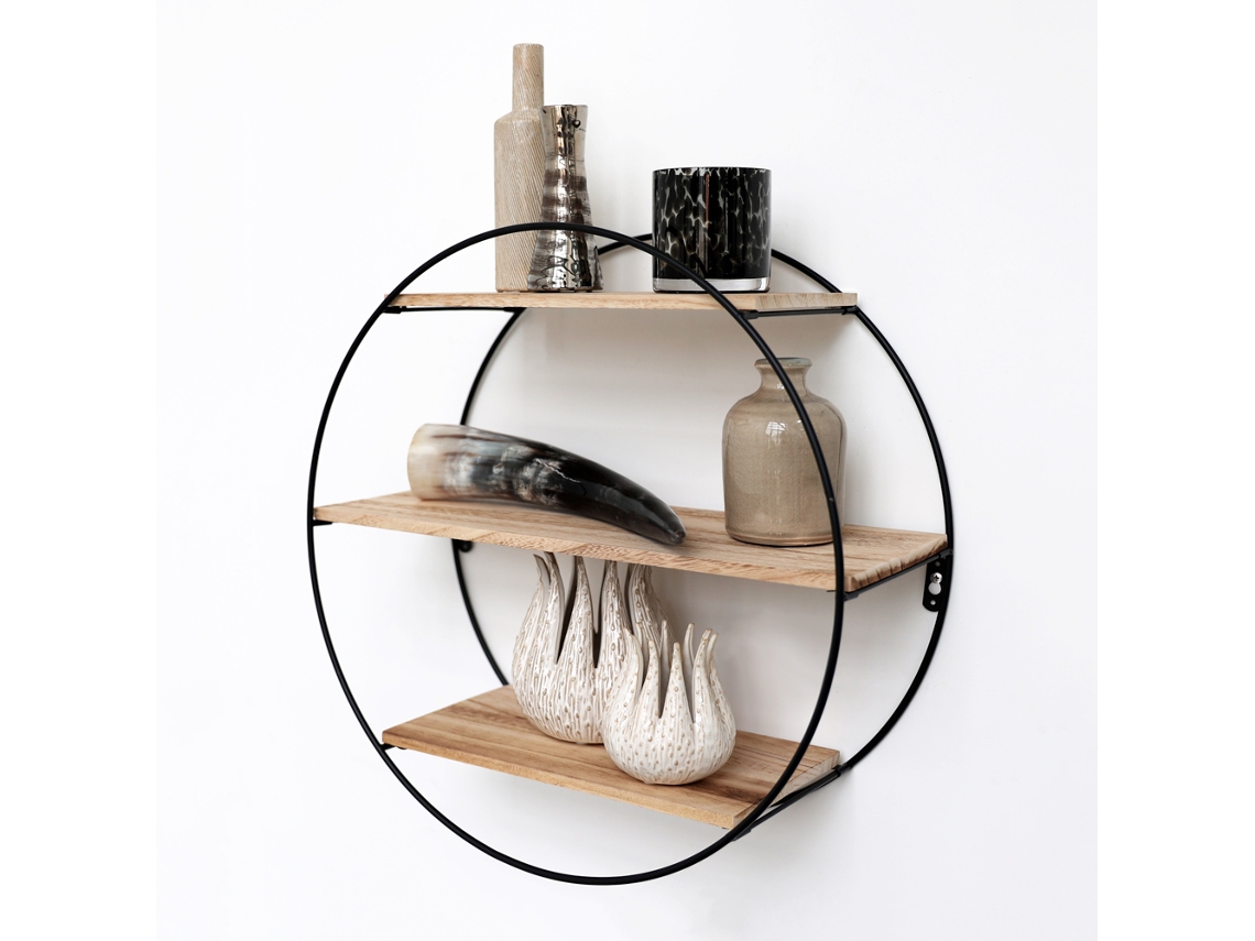 Soporte Pared Metal Negro con 3 Estantes de Madera IVOL (50x19 cm)