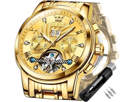 VEANXIN Reloj luminoso impermeable de acero inoxidable mecánico automático Tourbillon para hombre(oro)