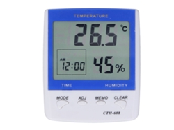 Termómetro higrómetro digital Velora 2026 con pantalla y reloj para medir la temperatura y la humedad en el hogar.