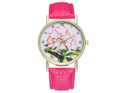 Reloj De Pulsera De Cuero Con Patrón De Plantas Moda Unisex Cuarzo (rojo Rosa)