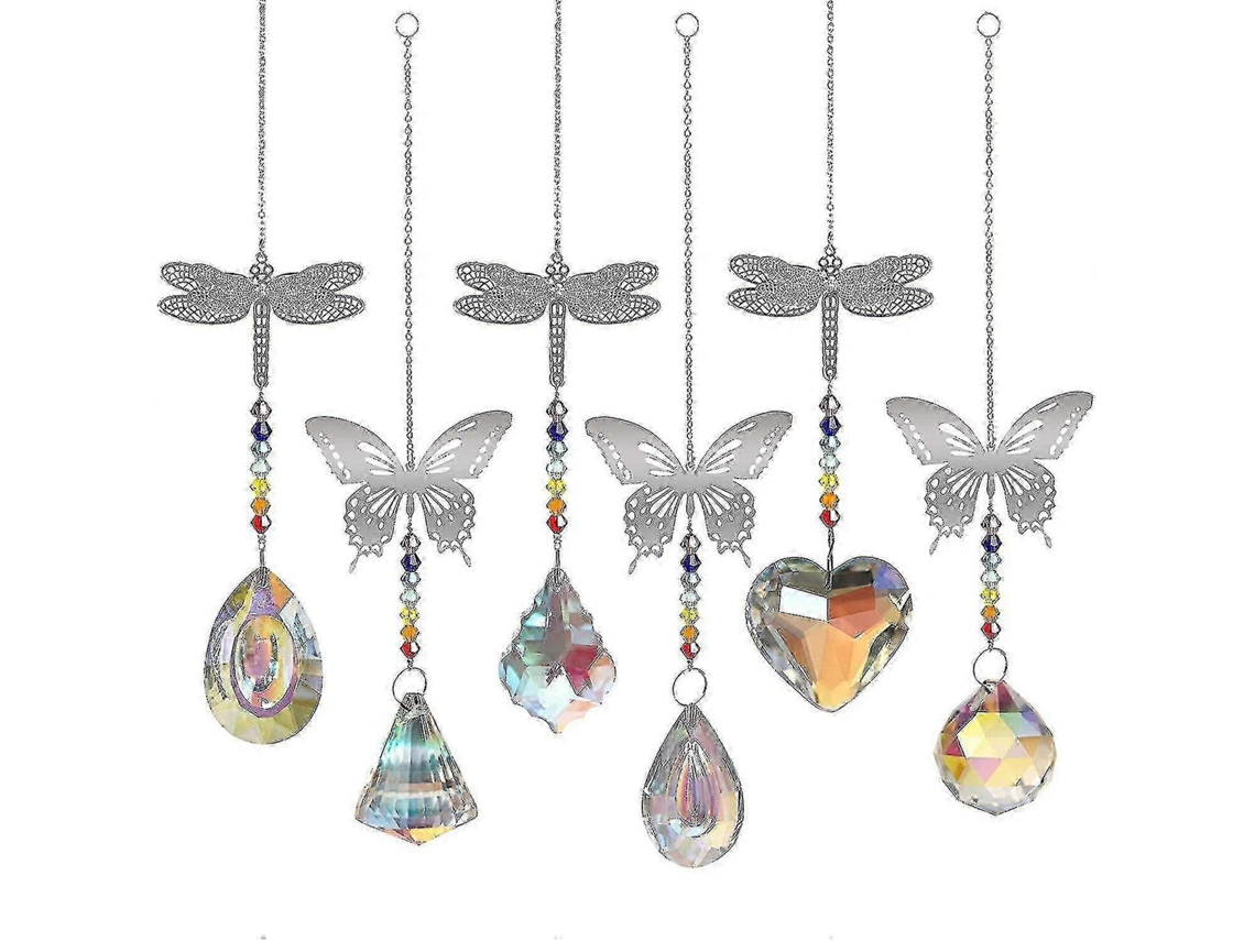 Conjunto de 6 colgantes de cristal con forma de bola de cristal, prisma, visera, arcoíris, mariposa y libélula.