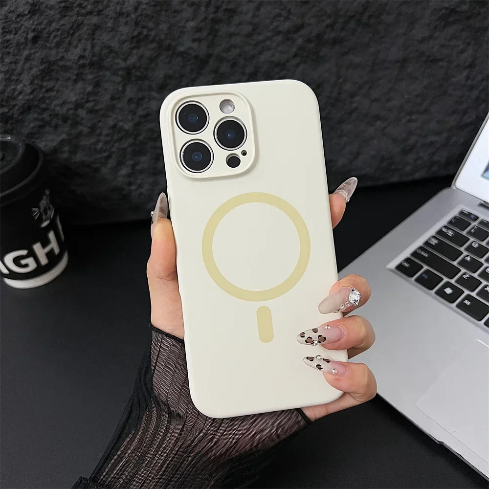 (iphone 13 Pro Max, Blanco Crema) Funda Protectora Magnética De Silicona Líquida Magsafe Para Iphone, Protección De Lente.