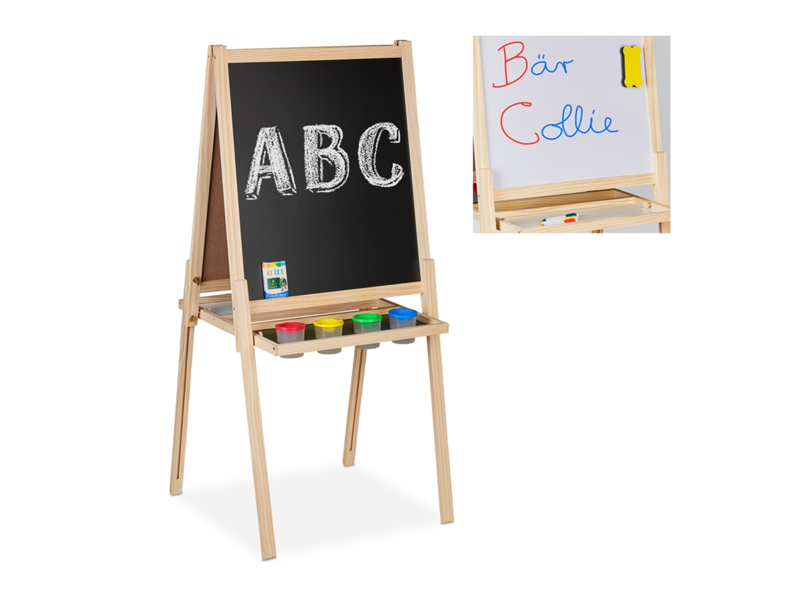 Relaxdays Pizarra Infantil 2 En 1 Para Dibujar Con Tiza Y Con Magneto, Altura Ajustable, Con Accesorios, Madera, Natural