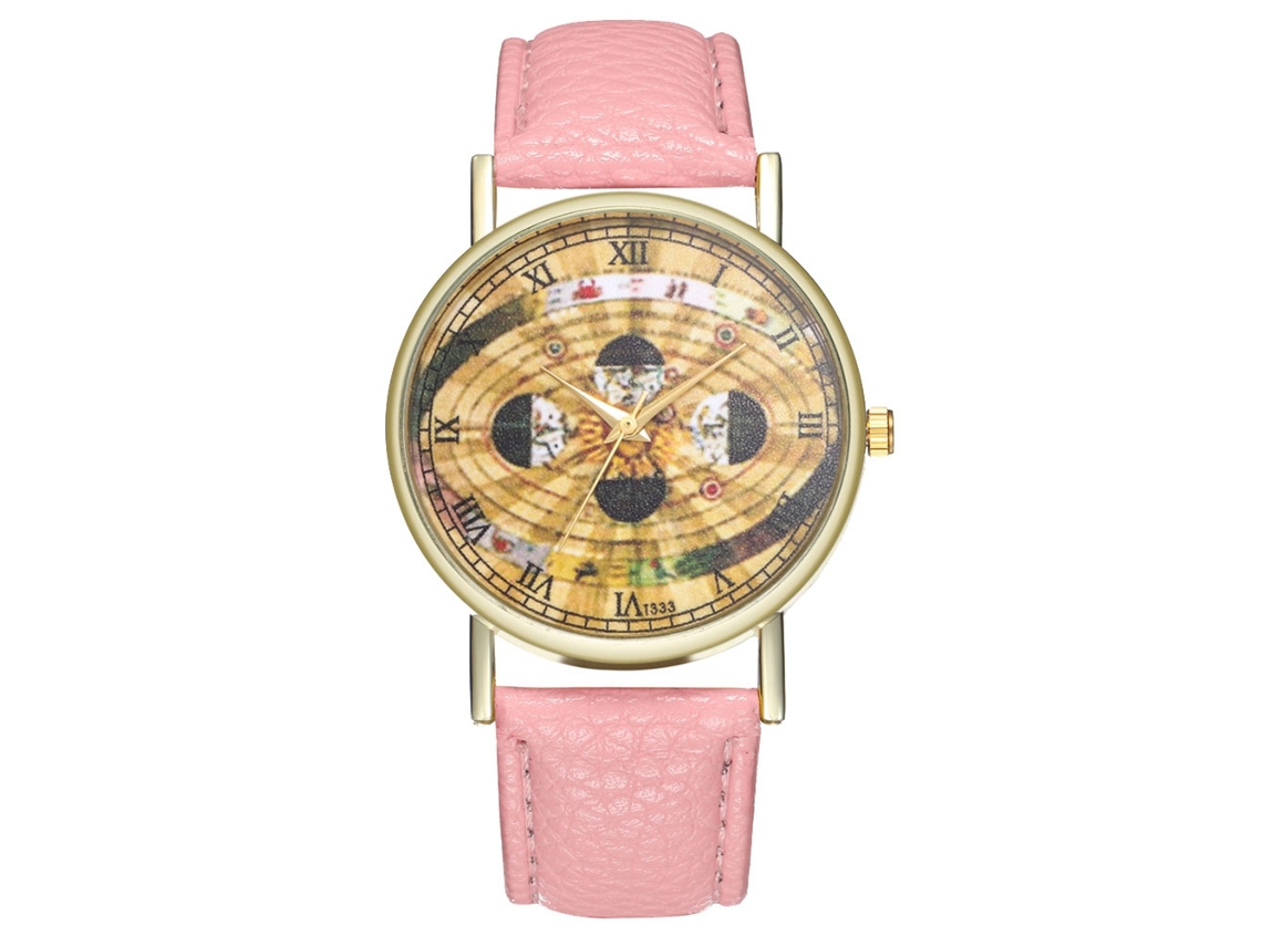 Reloj De Pulsera Unisex De Cuarzo Con Correa De Pu Con Estampado Espacial Rosa Y Esfera Redonda.