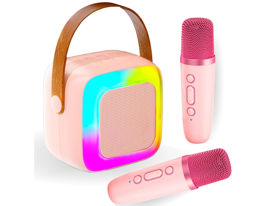 Máquina Karaoke Portátil Mini Coluna Bluetooth 2 Microfones Sem Fios Iluminação Rgb Ideal Televisão Lar