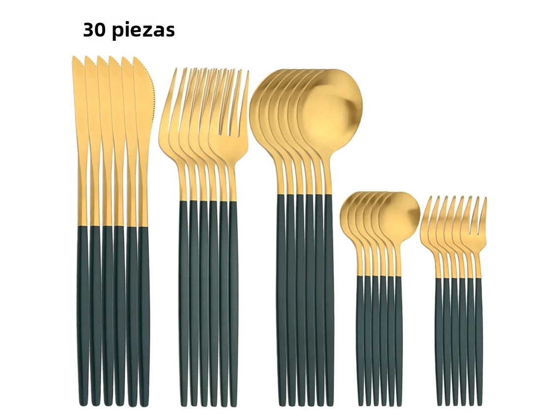 Juego de cubiertos de acero inoxidable de 30 piezas que incluye cuchillo para fruta, cuchara, tenedor y servilleta de cocina. Mdug (verde dorado)