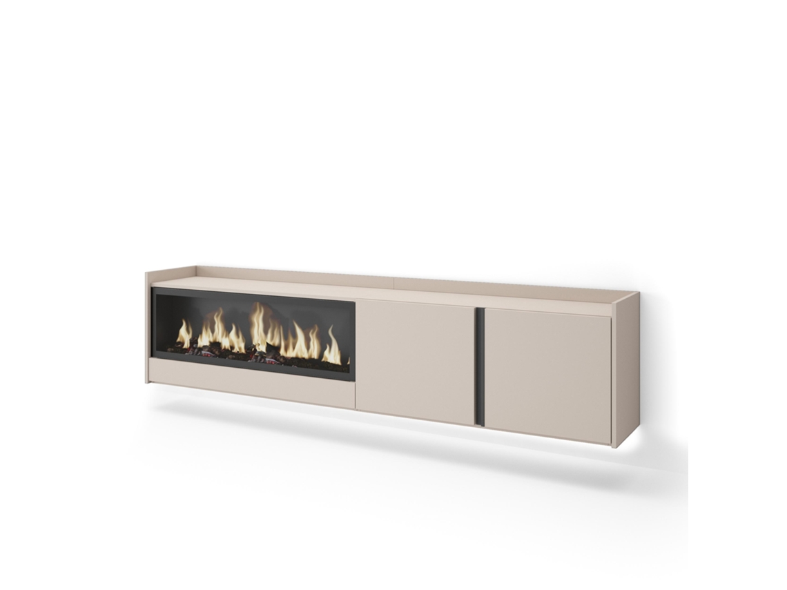 Mueble Tv, Televisión, 212x35x50cm, Para Tv Hasta 80", Chimenea Eléctrica Xxl, Colgado, Suspendido, Led, Beige