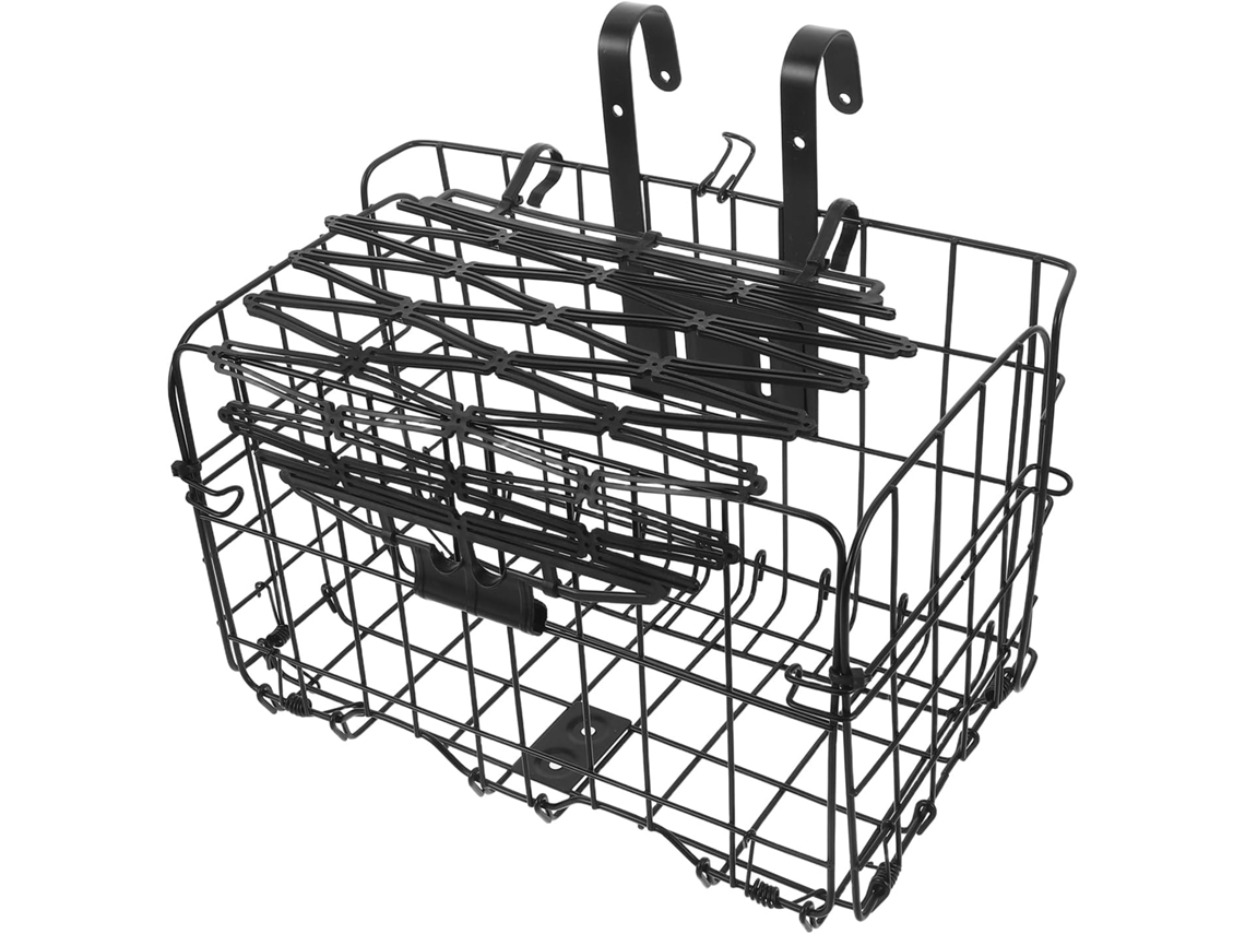 Cesta trasera plegable para bicicletas plegables, fabricada en hierro negro con tapa abatible, robusta y duradera.