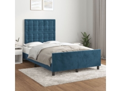 Cama con plataforma y cabecero de terciopelo azul (120x200 cm)