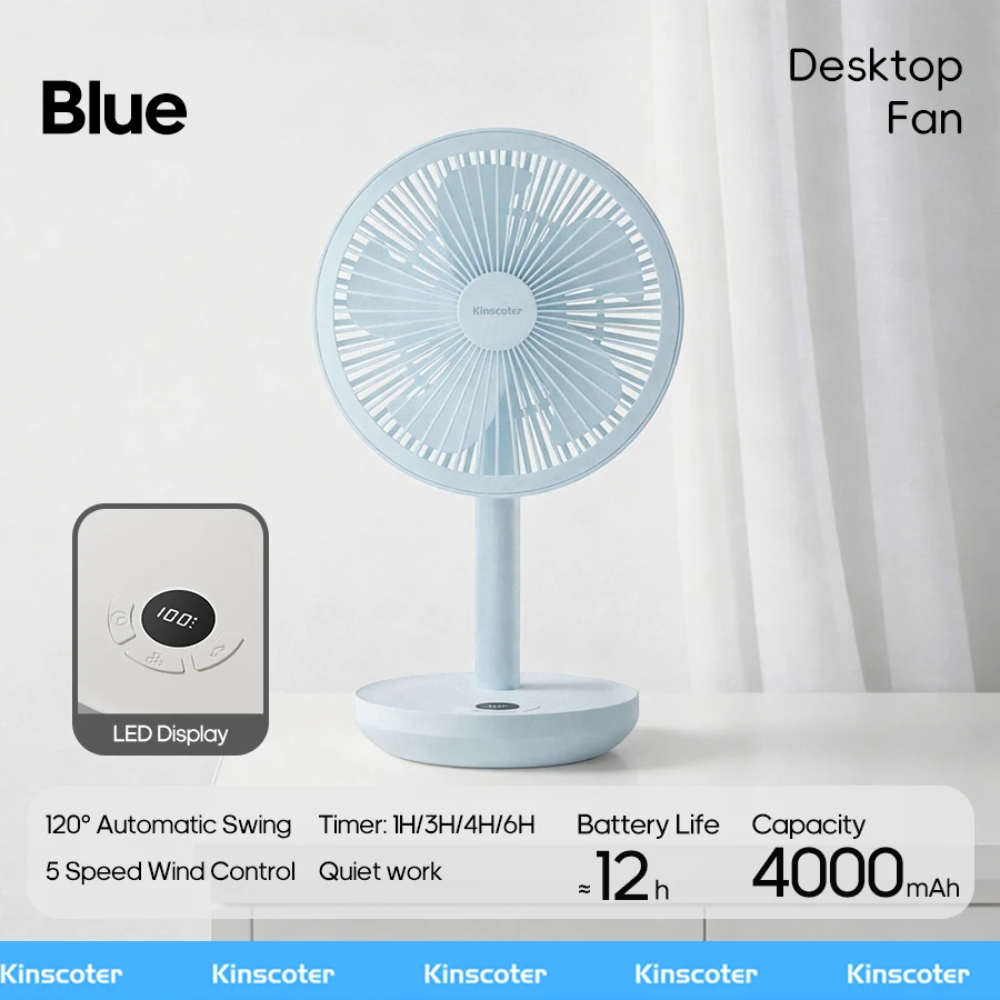 Ventilador De Escritorio Oscilante Inteligente (azul), 4000 Mah, 5 Velocidades, Funcionamiento Silencioso.