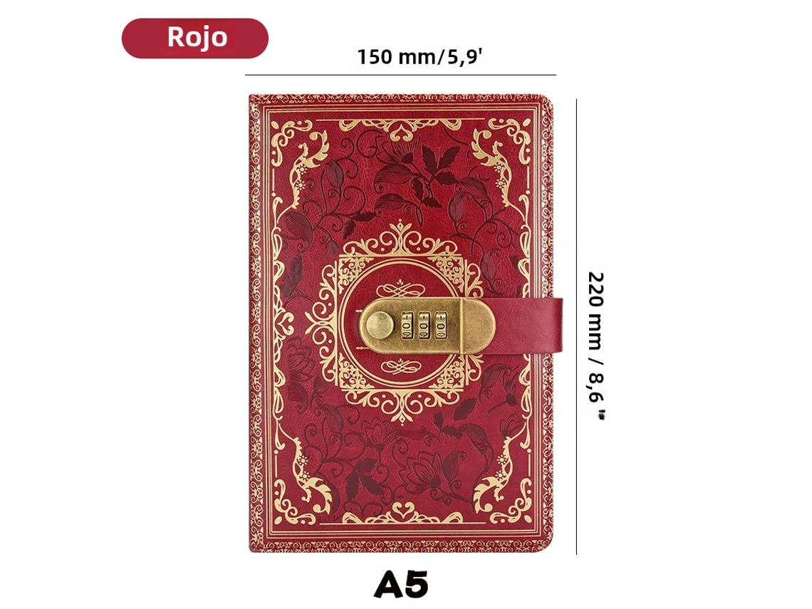 Libreta retro con bloqueo numérico, tamaño A5, ideal para hombres y mujeres (roja)