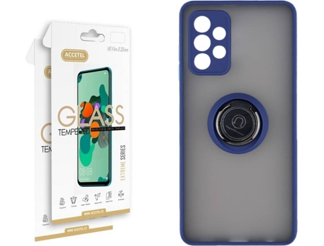 Funda y 2 Protectores de Cristal Samsung Galaxy A72 5G ACCETEL Gel Bumper Ring Azul