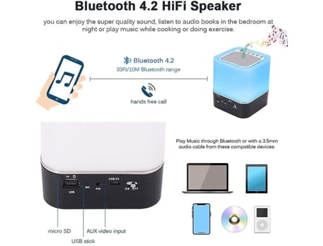 Luz nocturna con altavoz Bluetooth, lámpara de 5 en 1 toque con cambio de color, reloj de alarma digital regulable RGB (blanco) SLD