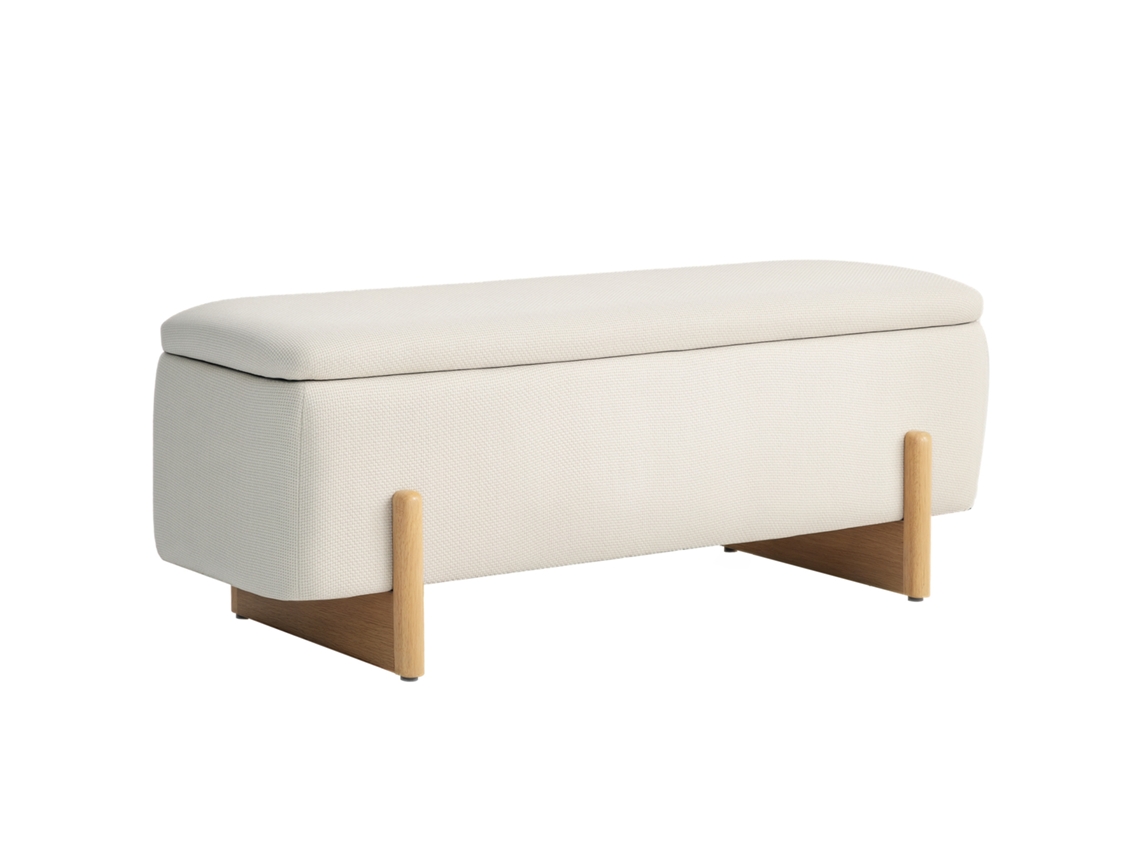 Banco de almacenamiento tapizado con cojín de espuma, 111 x 44 cm, color crema.