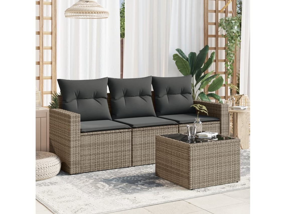 Conjunto de sofá de jardín de 4 piezas con cojines, ratán gris, DKD Home Decor