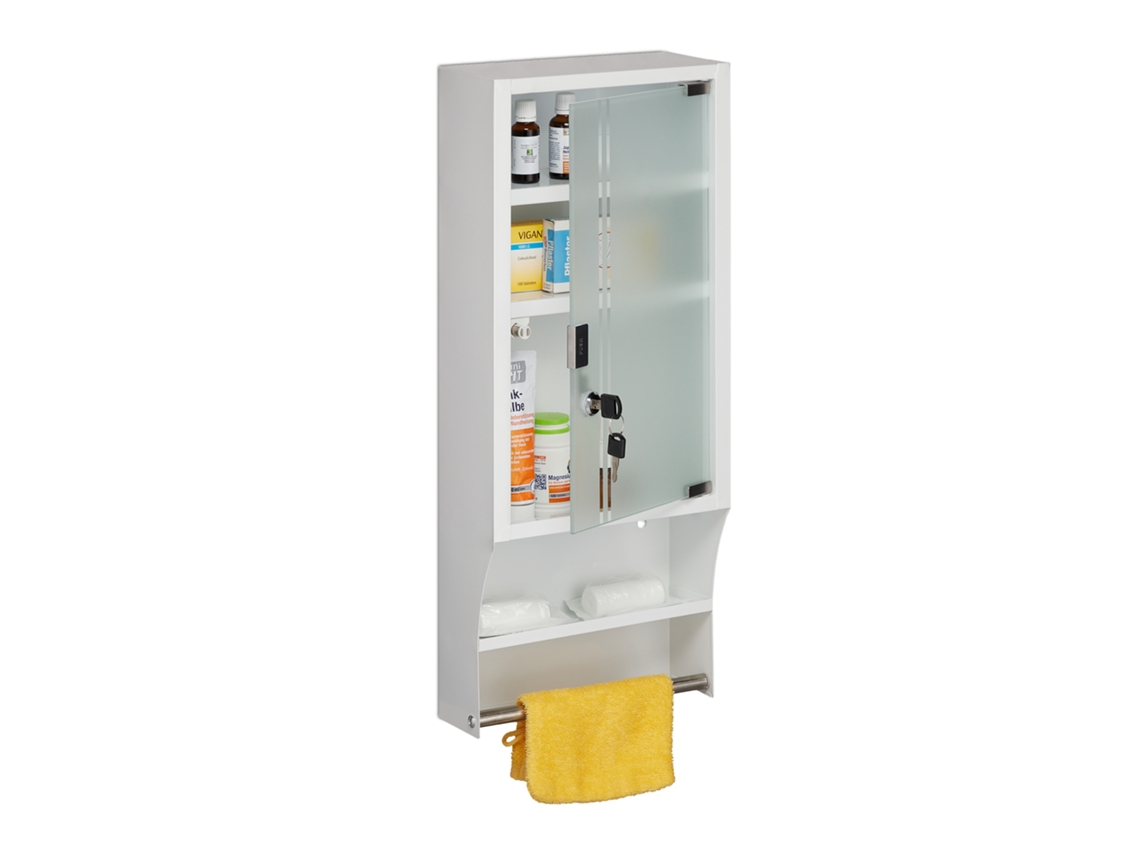 Armário De Medicamentos Relaxdays, Porta De Vidro, Fechável, 4 Prateleiras, Hbt 65x27x12 Cm, Armário Suspenso, Branco