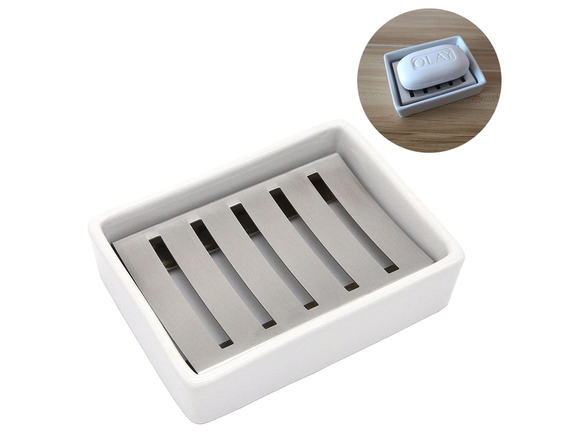 VVJIJILLY Saboneteira Em Cerâmica Com Suporte Inox, Design De Duas Camadas Com Drenagem