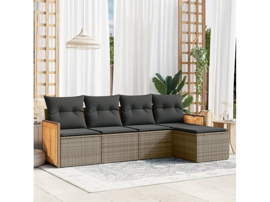 Conjunto de sofá de jardín de 5 piezas con cojines, ratán gris, DKD Home Decor
