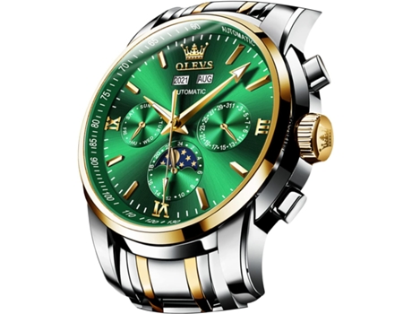 VEANXIN Reloj mecánico automático para hombre sin pilas con correa de acero inoxidable con fase lunar resistente al agua(Verde)