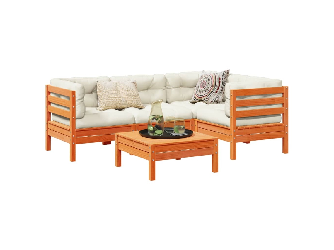Conjunto 5pcs Sofás Jardim Almofadões Pinho Maciço Castanho Mel Dkd Home Decor